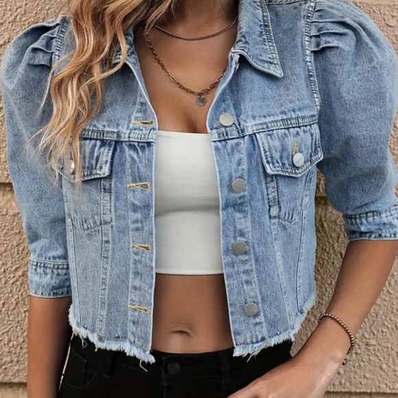 EUC Puff sleeve denim crop jean jacket 3XL - Picture 2 of 10